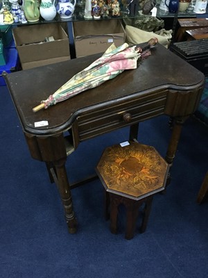 Lot 328 - A MAHOGANY HALL TABLE, VINTAGE PARASOL AND AN OCCASIONAL TABLE