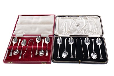 Lot 446 - A LOT OF TWO CASED SETS OF SILVER SPOONS AND TONGS