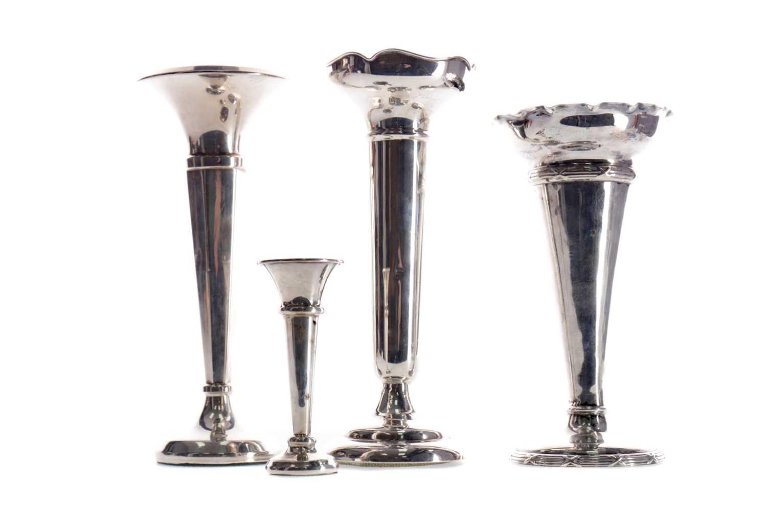 Lot 458 - A EDWARDIAN SILVER TRUMPET VASE AND THREE OTHERS