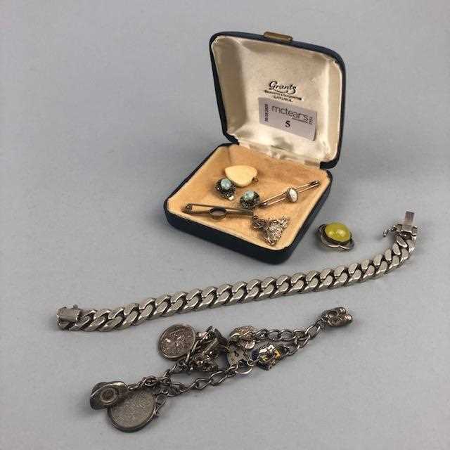 Lot 5 - A SILVER BRACELET, CHARM BRACELET, BROOCHES AND EARRINGS