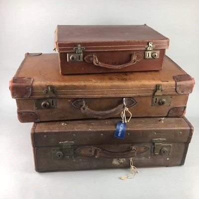 Lot 108 - A VINTAGE LEATHER SUITCASE AND TWO OTHERS