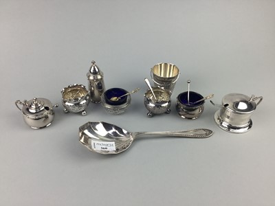 Lot 360 - A SILVER SHELL SHAPED SPOON AND VARIOUS CONDIMENTS