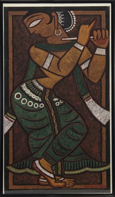 Lot 145 - UNTITLED (DANCING GIRL WITH BANSURI), A TEMPERA BY JAMINI ROY