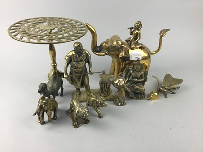 Lot 366 - A BRASS FIGURE OF A MALE SEATED ON AN ELEPHANT AND OTHER BRASS ITEMS