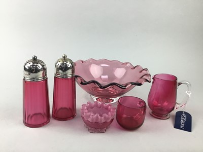 Lot 380 - A PAIR OF CRANBERRY GLASS SALT & PEPPER SHAKERS AND OTHER CRANBERRY GLASS WARE