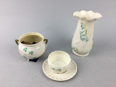 Lot 395 - A BELLEEK VASE, BELLEEK CUP AND SAUCER AND OTHER CERAMICS
