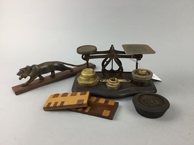 Lot 232 - A SET OF POSTAL SCALES, A CARVED WOOD FIGURE AND TWO WHIST MARKERS