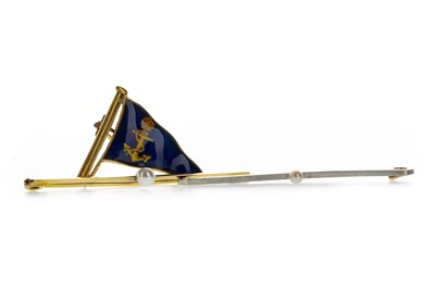 Lot 936 - AN ENAMELLED NAVAL FLAG BROOCH AND TWO PEARL BAR BROOCHES