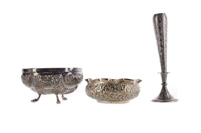 Lot 813 - AN INDIAN SILVER CIRCULAR BOWL, ANOTHER BOWL AND A VASE