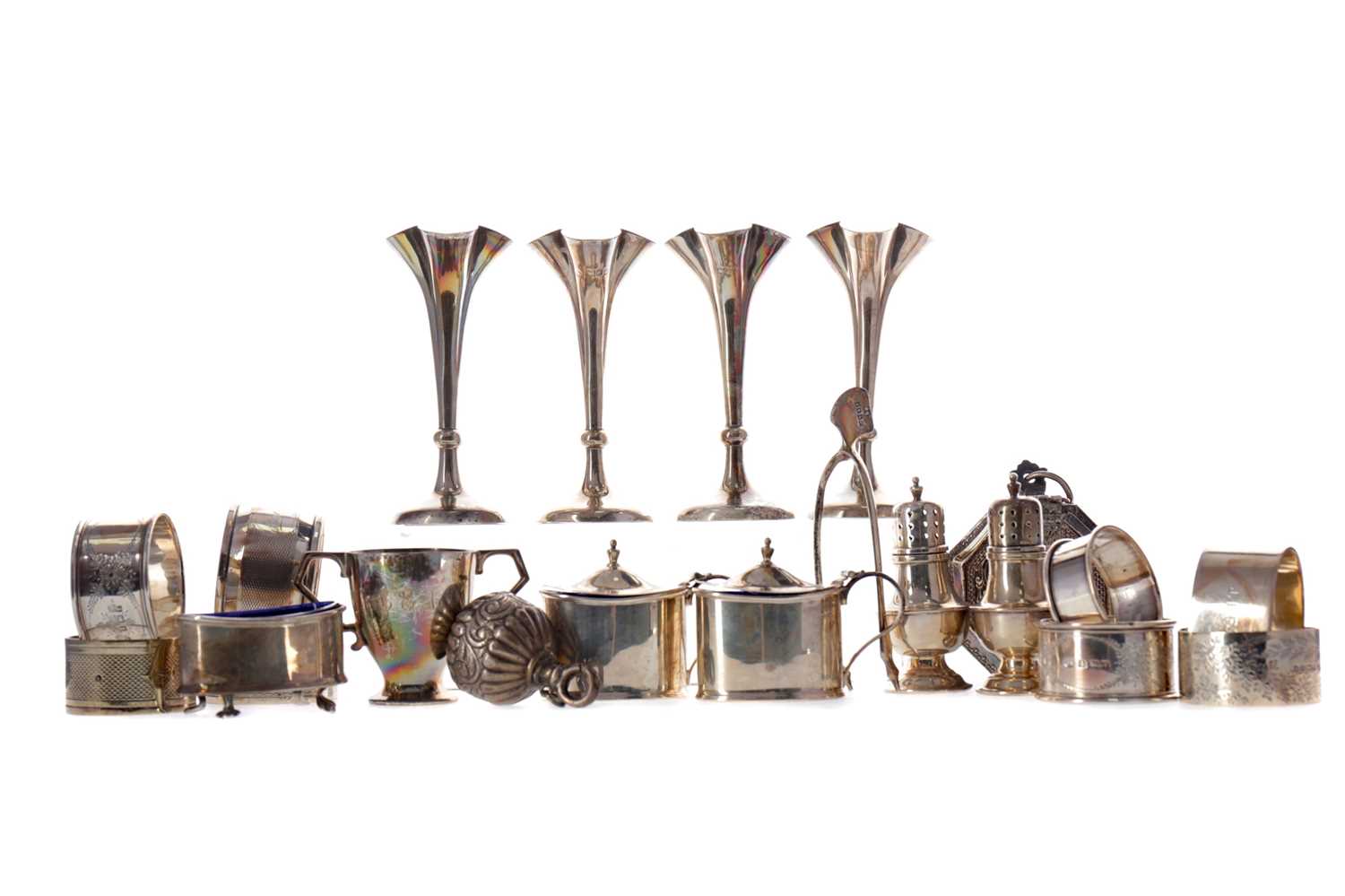 Lot 475 - A SET OF FOUR EDWARDIAN SILVER SOLIFLEUR VASES AND OTHER SILVER