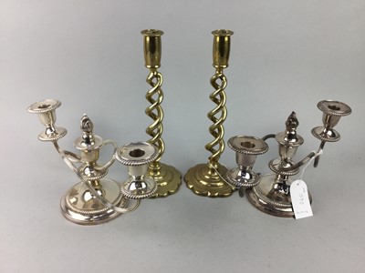 Lot 240 - A PAIR OF BRASS CANDLESTICKS, ENTREE DISH AND OTHER ITEMS