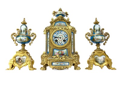 Lot 1138 - A 19TH CENTURY FRENCH ORMOLU CLOCK GARNITURE