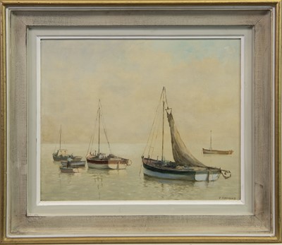 Lot 569 - FISHING BOATS, LEIGH, AN OIL BY V HAMMOND