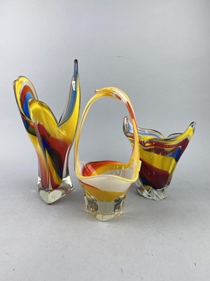 Lot 254 - A LOT OF THREE COLOURED CZECH GLASS VASES AND TWO OTHERS