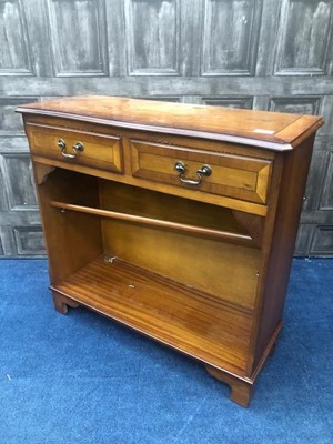 Lot 497 - A REPRODUCTION STAINED WOOD OPEN BOOKCASE