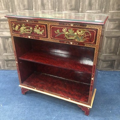 Lot 496 - A 20TH CENTURY CHINESE LACQUERED OPEN BOOKCASE