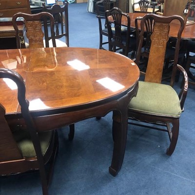 Lot 495 - A 20TH CENTURY CHINESE EXTENDING DINING TABLE AND SIX CHAIRS