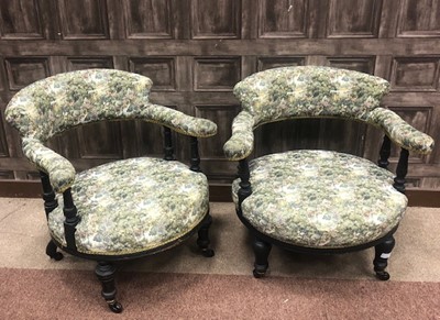 Lot 1381 - A PAIR OF LATE 19TH CENTURY UPHOLSTERED TUB CHAIRS