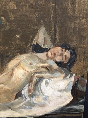 Lot 573 - RECLINING NUDE, AN OIL BY CHRIS COGHILL