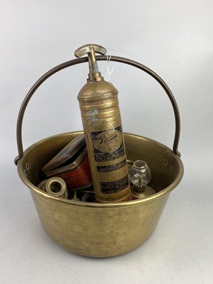 Lot 446 - A PYRENE FIRE EXTINGUISHER AND BRASS WARE