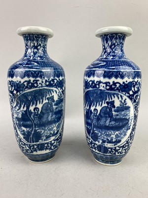Lot 453 - A PAIR OF 20TH CENTURY CHINESE BLUE AND WHITE VASES AND OTHER VASES