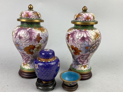 Lot 454 - A PAIR OF 20TH CENTURY CHINESE CLOISONNE LIDDED VASES, OTHER CLOISONNE AND COMPOSITION FIGURES