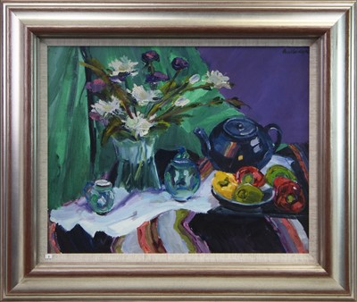 Lot 674 - STILL LIFE WITH GREEN CLOTH, AN OIL BY MARGARET BALLANTYNE