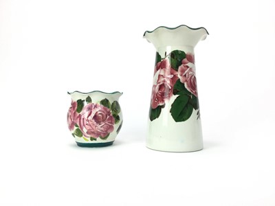 Lot 1025 - A WEMYSS WARE 'CABBAGE ROSE' PATTERN VASE AND A JARDINIERE