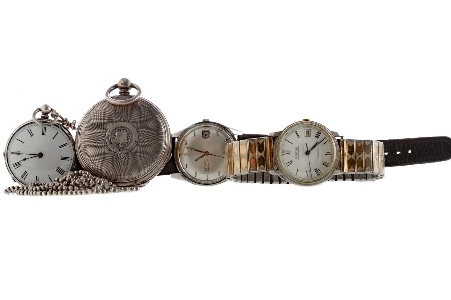 Lot 936 - A SILVER FULL HUNTER KEY WIND POCKET WATCH, A SILVER FOB WATCH AND TWO GENTLEMAN'S WRIST WATCHES
