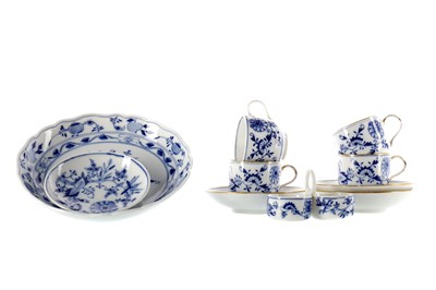 Lot 1032 - A SET OF THREE MEISSEN CUPS AND SAUCERS ALONG WITH ANOTHER, A DISH AND A CRUET