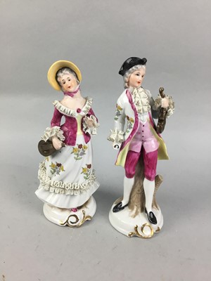 Lot 59 - A PAIR OF CONTINENTAL FIGURES OF A YOUNG COUPLE ALONG WITH OTHER CERAMICS