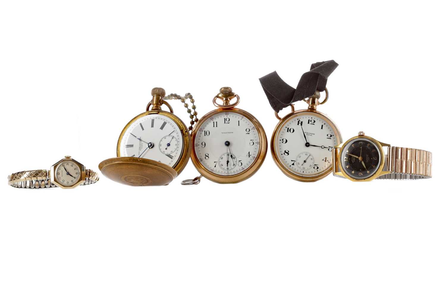 Lot 933 - THREE GOLD PLATED POCKET WATCHES, AND TWO WRIST WATCHES