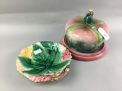 Lot 149 - AN EDWARDIAN MAJOLICA CHEESE DISH ALONG WITH A COMPORT