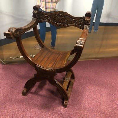 Lot 215 - A MAHOGANY REPRODUCTION X-FRAME ARMCHAIR