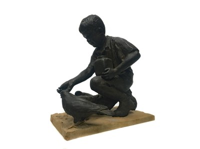 Lot 639 - FEEDING THE PIGEONS, A BISQUE SCULPTURE BY WALTER AWLSON