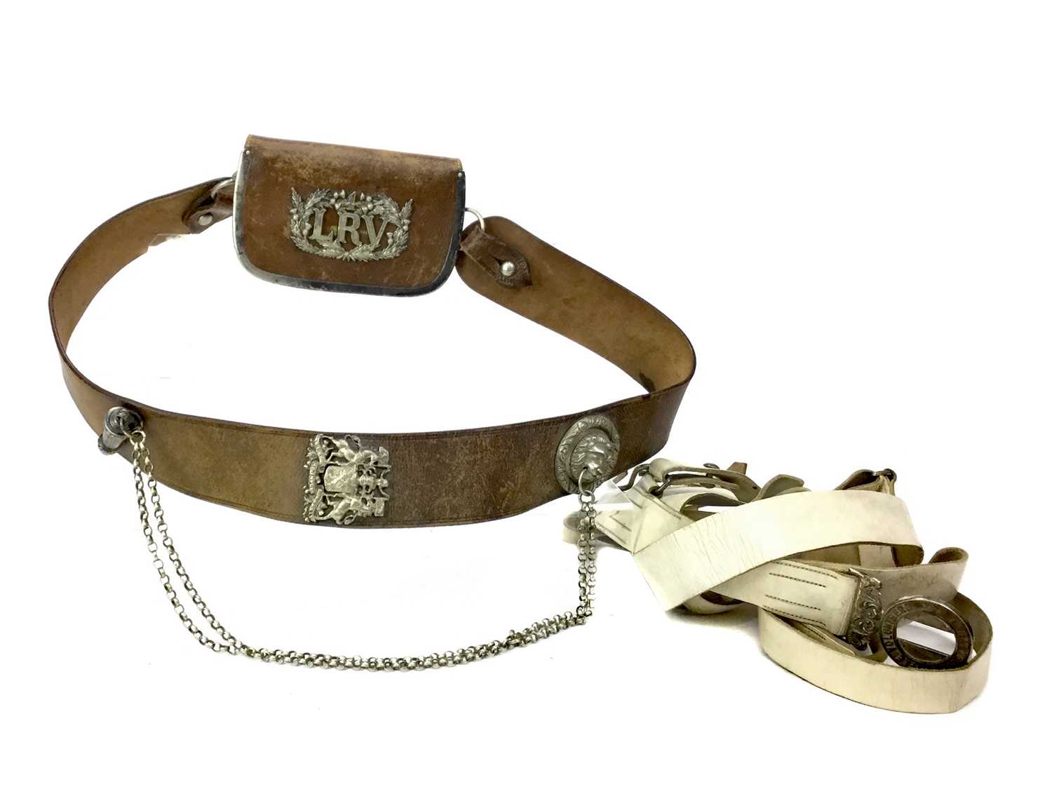 Lot 1397 - A 1ST LANARKSHIRE RIFLE VOLUNTEERS BROWN LEATHER CROSS BELT ALONG WITH A SILVER BEAUFORT WHISTLE