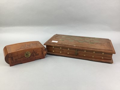 Lot 236 - A SATINWOOD AND BRASS INLAID GAMES BOX, OTHER BOXES AND A WALL SHELF