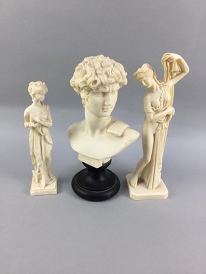 Lot 239 - A POTTERY SCULPTURE AFTER VENUS DE MILO, A BUST AND A WALL MASK