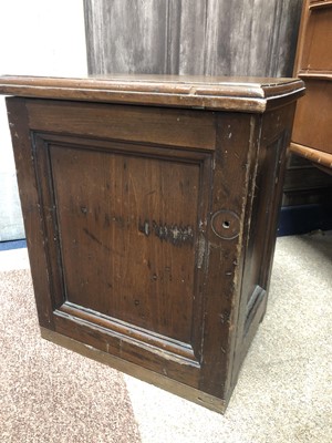 Lot 266 - A CIRCULAR STAINED WOOD STOOL AND A STAINED WOOD CUPBOARD