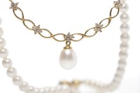 Lot 217 - SINGLE STRAND CULTURED PEARL AND DIAMOND...