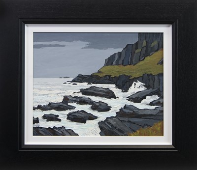 Lot 652 - ROUGH SEAS ON THE EAST COAST OF LEWIS, AN OIL BY DAVID BARNES