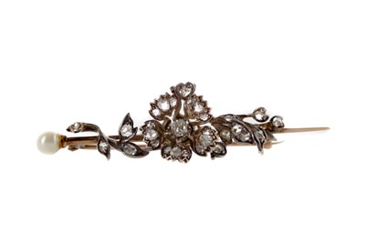 Lot 357 - A DIAMOND AND PEARL FLORAL BAR BROOCH