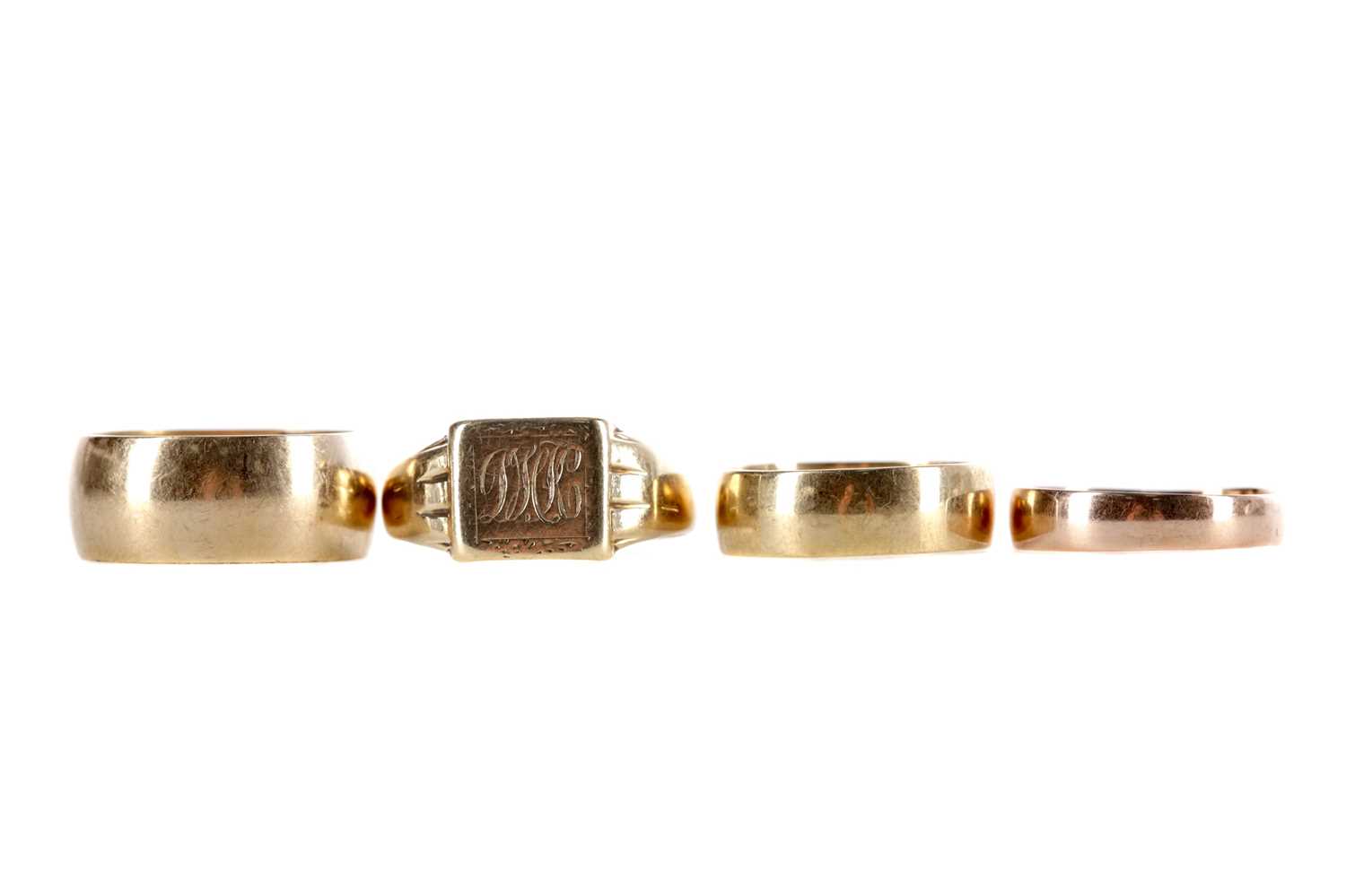 Lot 365 - THREE WEDDING BANDS AND A SIGNET RING