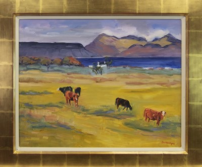 Lot 123 - INQUISITIVE COWS, ARISAIG, AN OIL BY MARGARET BALLANTYNE