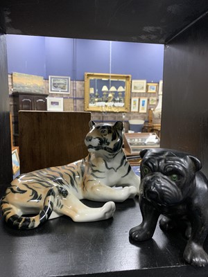 Lot 351 - A RUSSIAN CERAMIC FIGURE OF A TIGER AND FOUR OTHER FIGURES