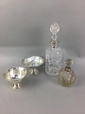 Lot 288 - A SILVER CIRCULAR STEMMED BONBON DISH ALONG WITH ANOTHER, A DECANTER AND SCENT BOTTLE