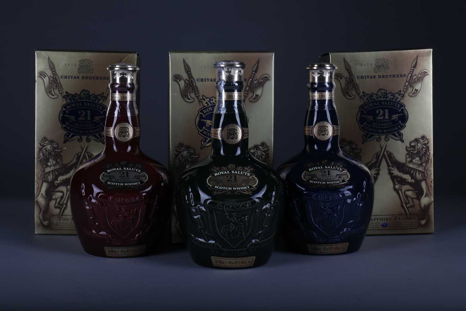 Lot 1288 - CHIVAS REGAL ROYAL SALUTE AGED 21 YEARS RUBY, SAPPHIRE AND EMERALD FLAGONS