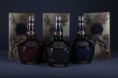 Lot 1288 - CHIVAS REGAL ROYAL SALUTE AGED 21 YEARS RUBY, SAPPHIRE AND EMERALD FLAGONS