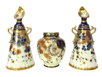Lot 1044 - A PAIR OF NAUTILUS PORCELAIN CONICAL VASES ALONG WITH A CROWN DERBY VASE