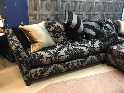 Lot 391 - A MODERN UPHOLSTERED SETTEE, ARMCHAIR AND FOOTSTOOL